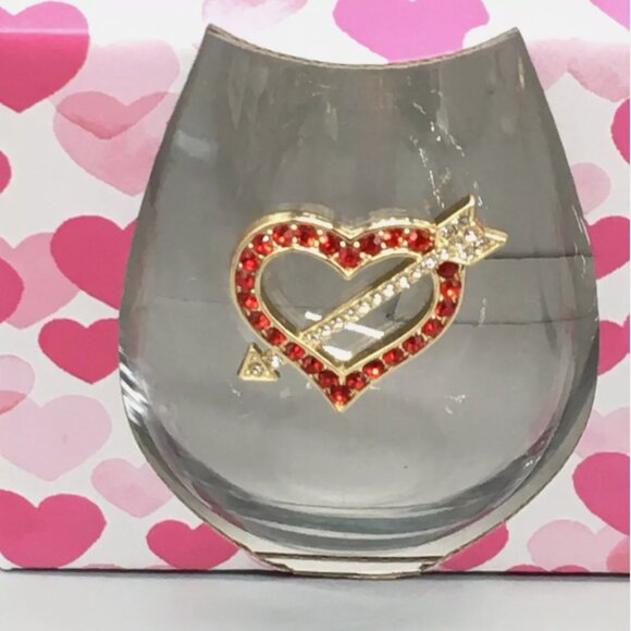 2pc Heart Arrow Red Rhinestone Stemless Wine Glass Set Cupid Gold Valentines Day - Picture 4 of 5